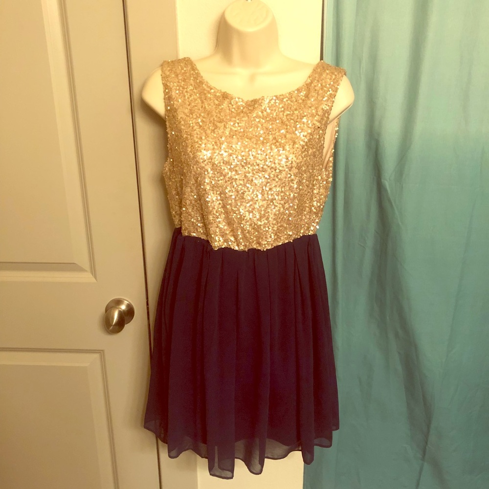 Gold sequin & Navy cocktail dress